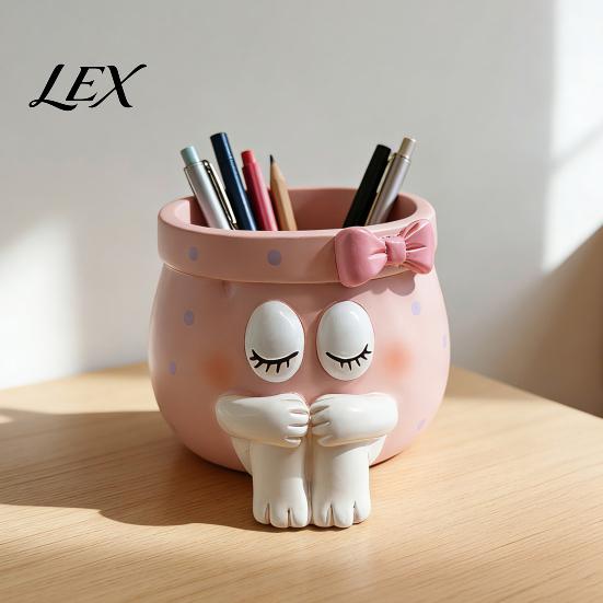 Small Item Organizer Cute Cartoon Girl Pen Holder, Resin Makeup Brush Decorative Desktop Ornaments with Bow Design, Sundries Storage Bucket