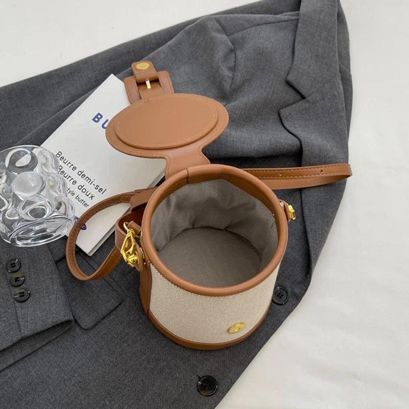 Luxury Retro Bucket Bag for Women  Autumn New Chic  Pluto Canvas Patchwork Elegant Feminine Crossbody Bags