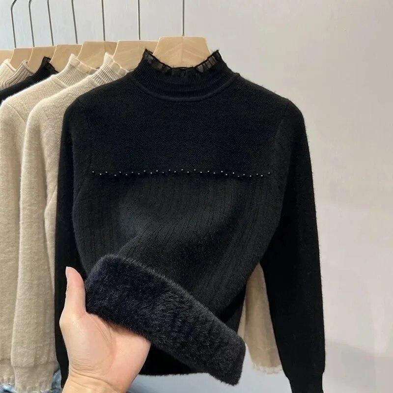 Tricotaj din dantelă Pulover pentru femei de pluș integrat, subțire, cu jumătate de gât înalt, pulover îngroșat, decorare cu perle, pulover de tragere, toamnă iarnă