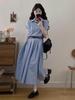 Korean Academy Style Blue Short-Sleeved Summer Shirt Dress for Women – High-End, Waist-Cinched, Fashionable Long Dress