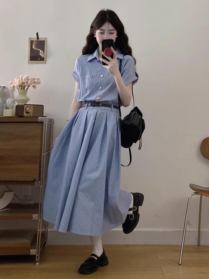 Korean Academy Style Blue Short-Sleeved Summer Shirt Dress for Women – High-End, Waist-Cinched, Fashionable Long Dress