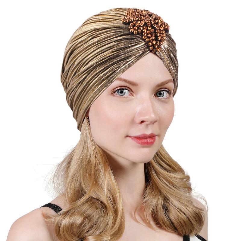 Indian Women Chemo Cap Muslim Diamonds Hijab Pleated Turban Wrap Headscarf Beanies Hair Loss Bonnet Hat Femme Turbante Mujer New