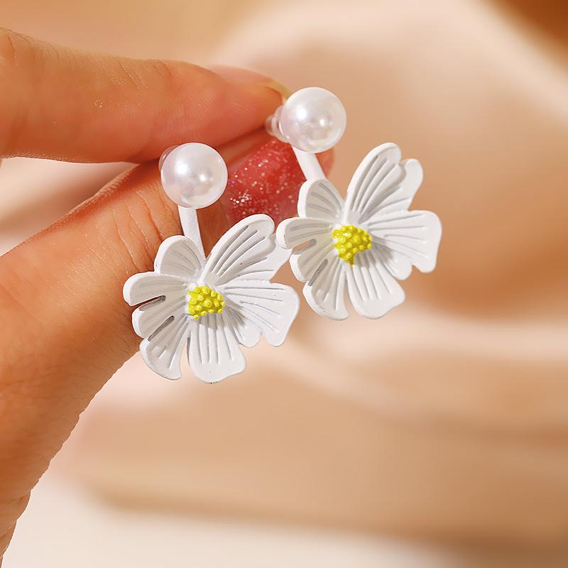 Korean Design White Flower Imitation Pearl Back Hang Post Earring for Women Sweet Zircon Wholesale Accessory Girlfriend Gift
