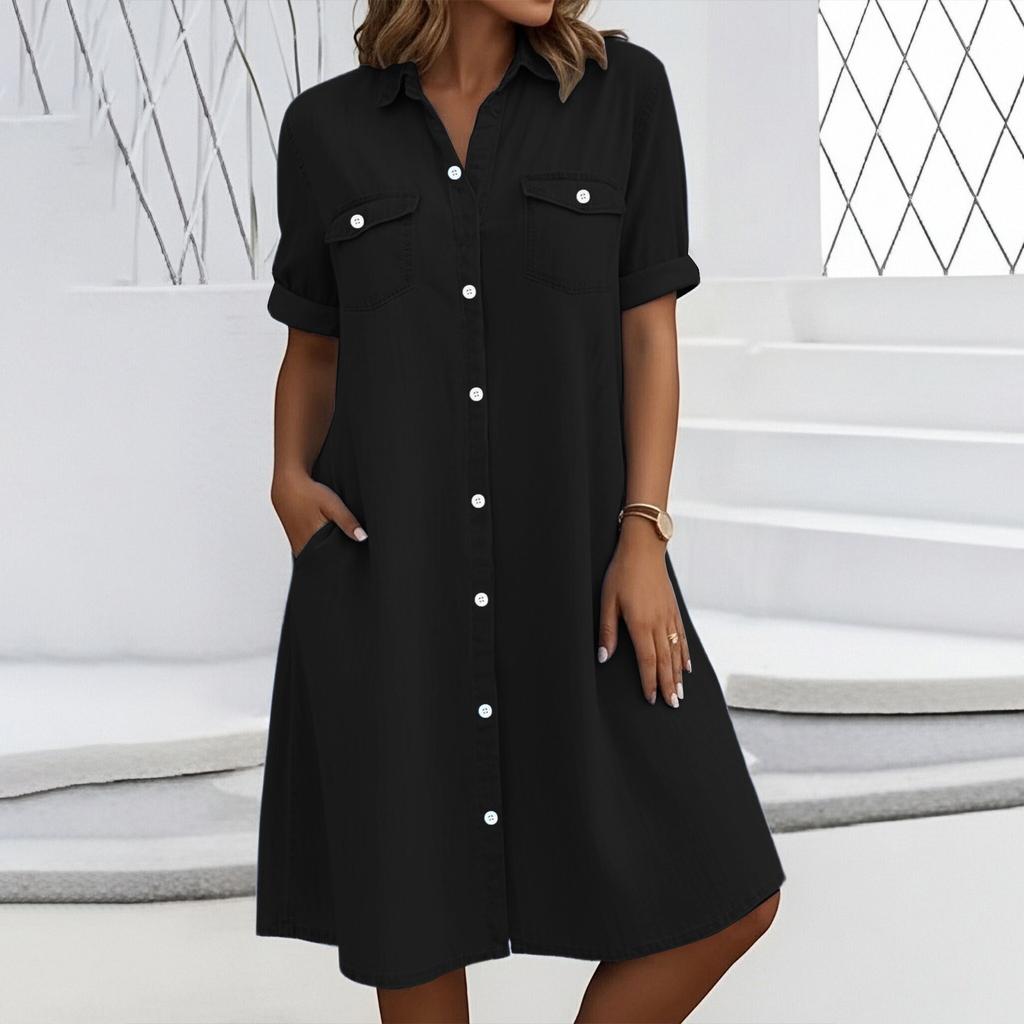 Women’s Button Down Shirt Dress with Short Sleeves Front Pockets Casual Loose Fit Tunic Knee Length