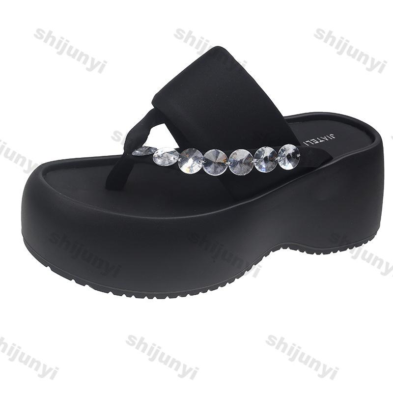 Fashion Women's Outdoor Slippers 2025 Summer New Platform Clip Toe Slippers Fashion Rhinestone Soft Sole Comfortable Luxury Flip Flops
