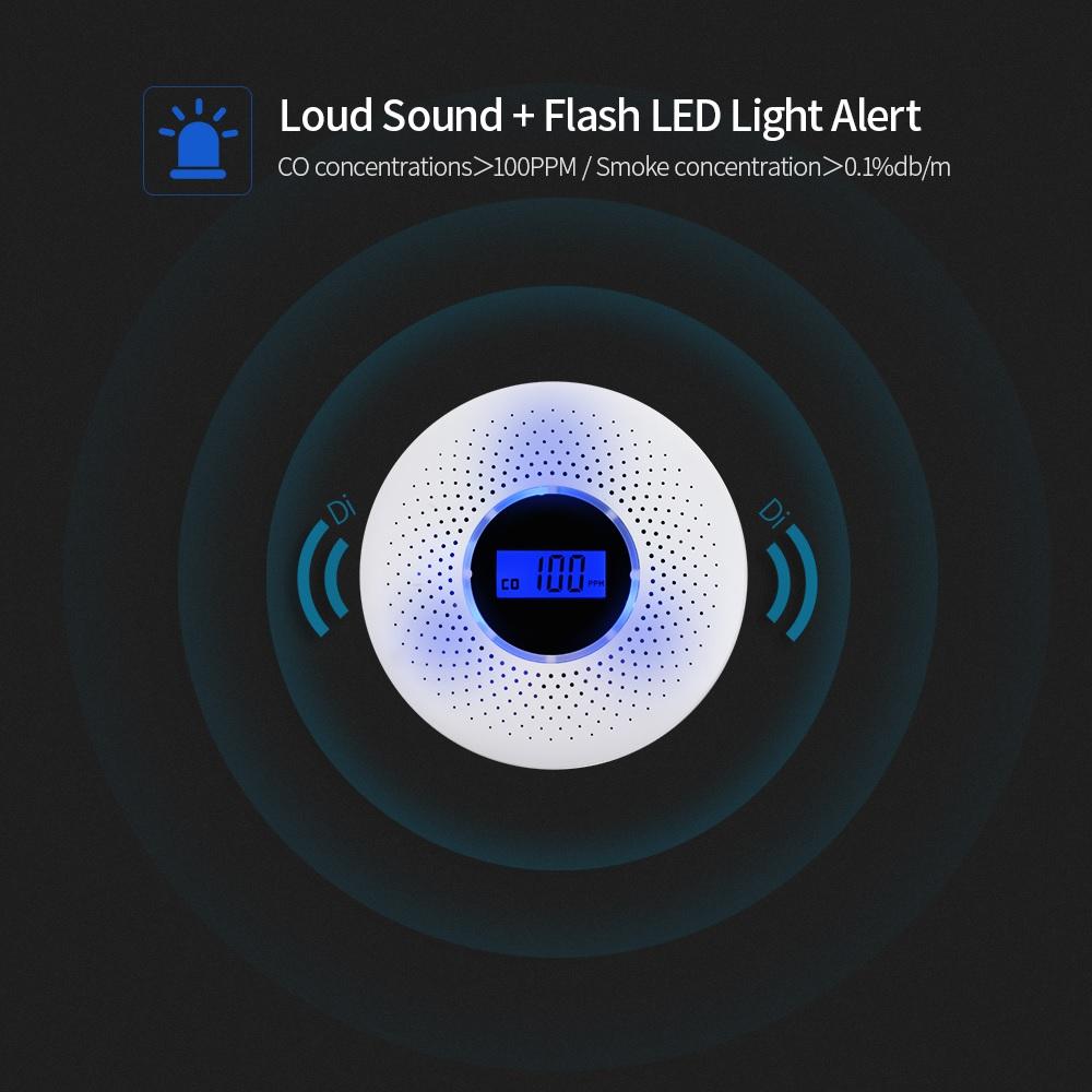 Detector de combinación de humo y monóxido de carbono con pantalla LCD 2 en 1, alarma con luz LED, advertencia de sonido intermitente