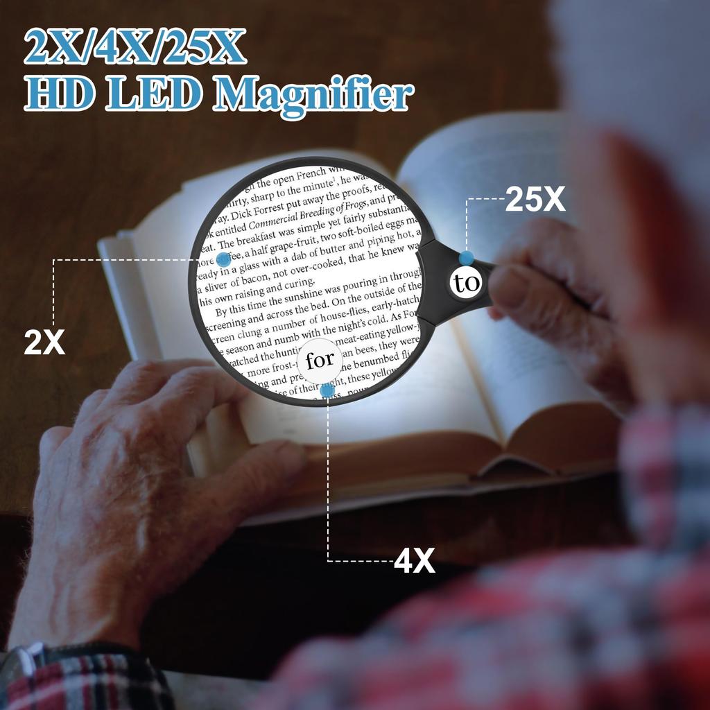 Magnifying Glass with Light 137mm Large Loupe Lens 2X 4X 25X LED Illuminated Handheld Magnifier for Seniors Reading Stamps Map