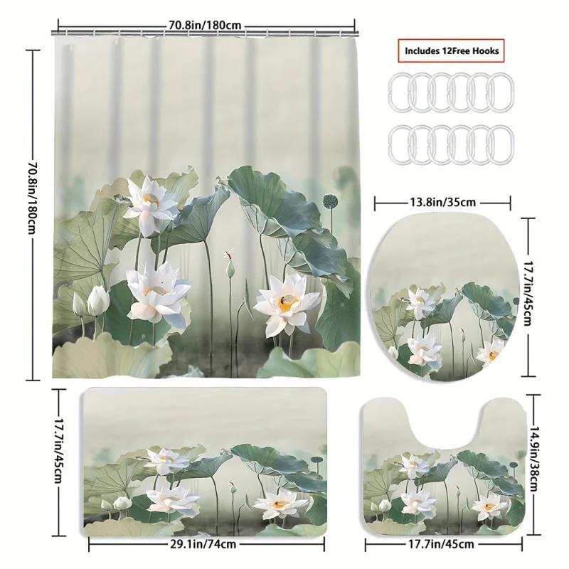 Luxury White Lotus Shower Curtain Set With 12 Free Hooks: Includes A Waterproof Curtain, Non-Slip Bath Mat, Toilet Seat Cover, A
