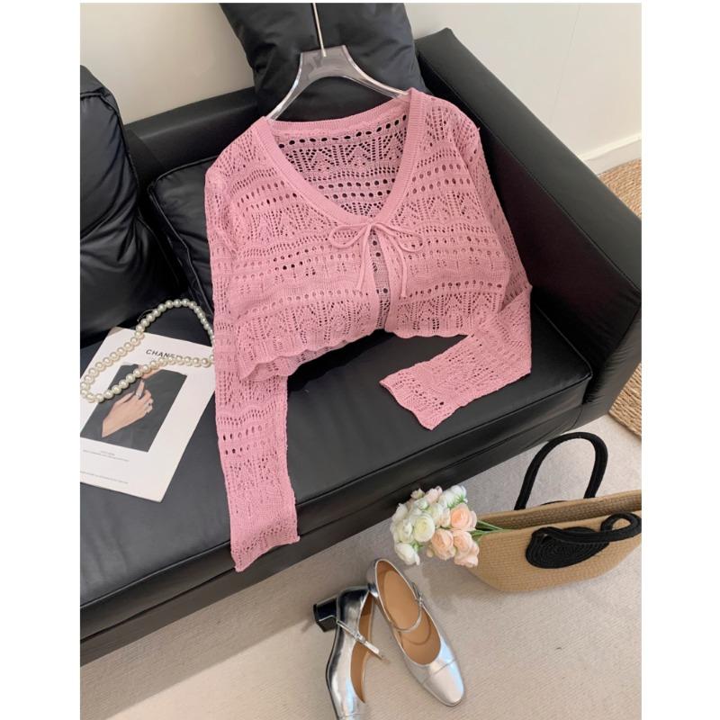 Fashion Sunscreen Knitted Cardigan Women's Hollow Blouse Vest Elegant Summer Thin V-neck Drawstring Air-conditioned Lace Shirt Shawl Short Tops