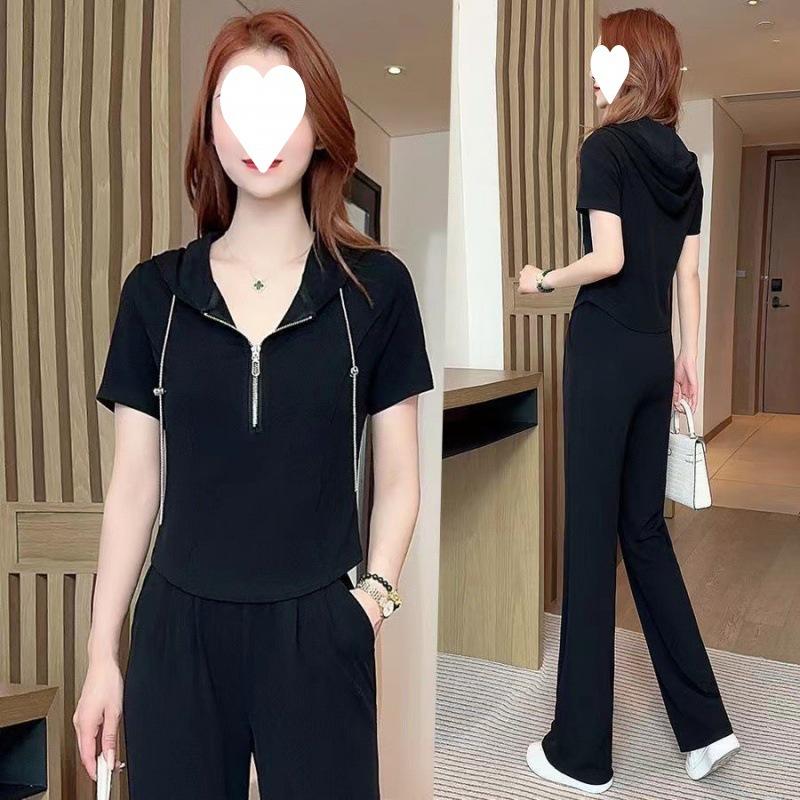 

Casual Sports Suit for Women, Summer Thin, Fashionable, Slim, Ice Silk Wide-leg Pants, Two-piece Set L чорний