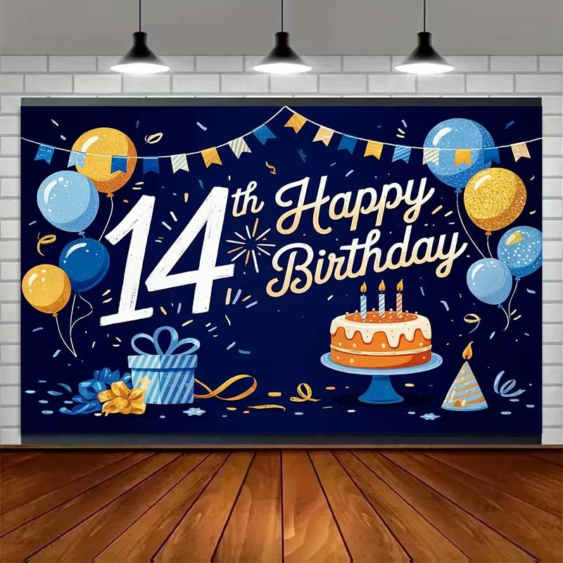 2D Happy 14th Birthday Backdrop, Navy Blue Gold Balloon & Cake Background Cloth