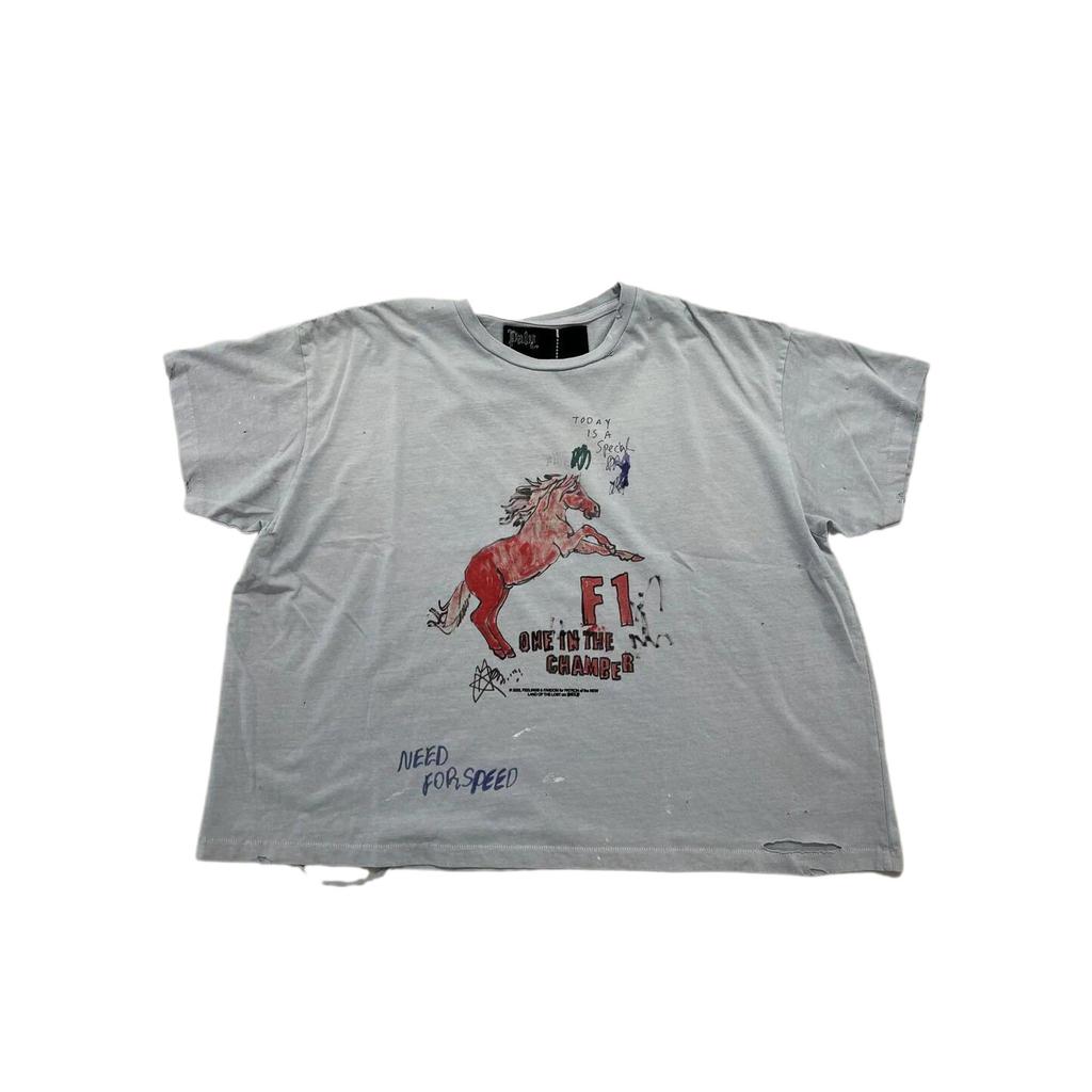 Cross-border beauty tide Paly Hollywood red horse F1 printing old damage heavy cotton short-sleeved T-shirt tide