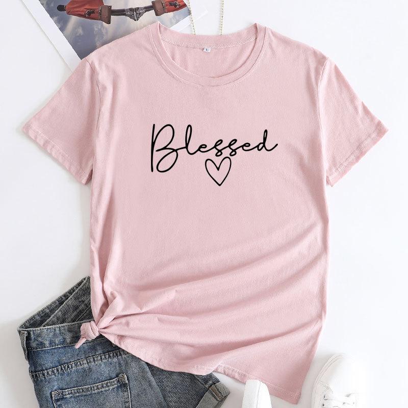 Summer Round Neck Letter Blessed Printed Top Fashionable Casual Short Sleeved Women's Pure Cotton T-shirts