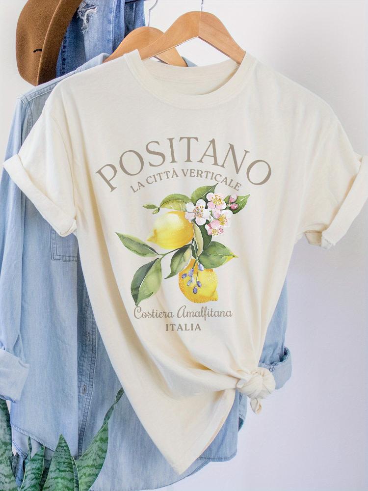 

Positano Lemon Print Tshirt Short Sleeve Crew Neck Casual Top For Summer Spring Unisex Summer Fashion Vintage Fruit T Shirt S