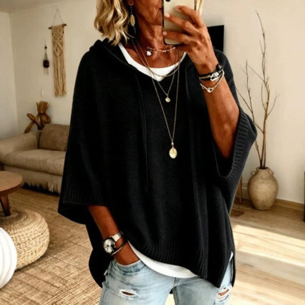 New Knitted Drawstring Hoodie Sweater, Loose Knit Hooded Outerwear for Women