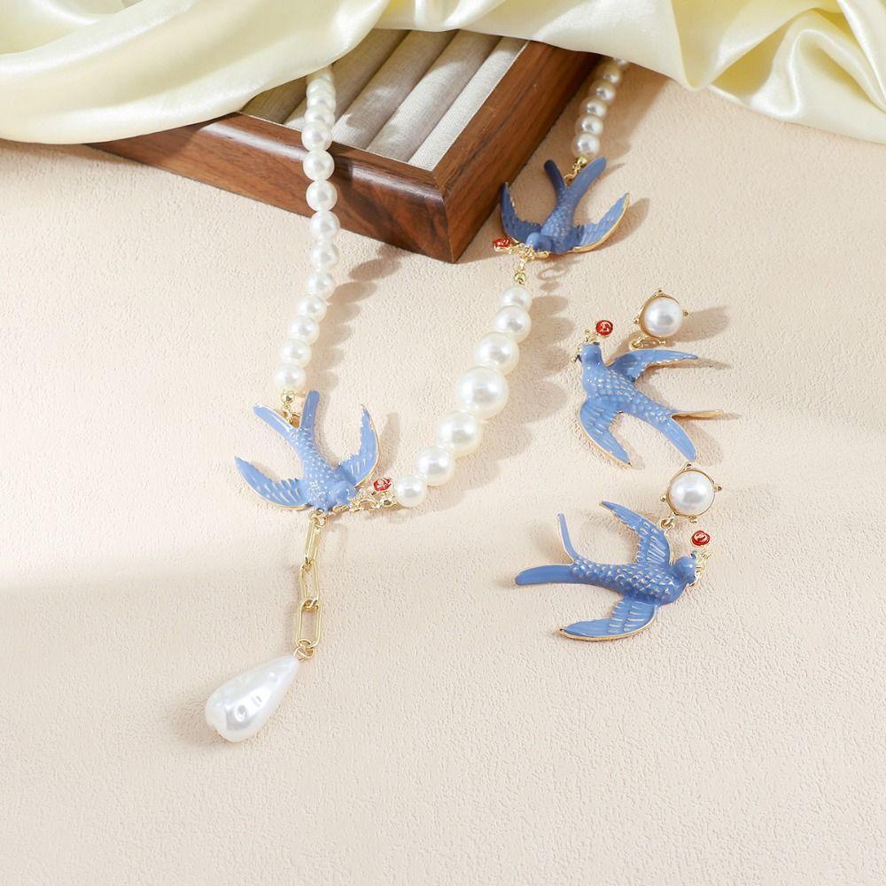 Bird Woven Baroque Pearl Necklace Animal Geometric Earrings Exquisite Women's Jewelry Set  Gift