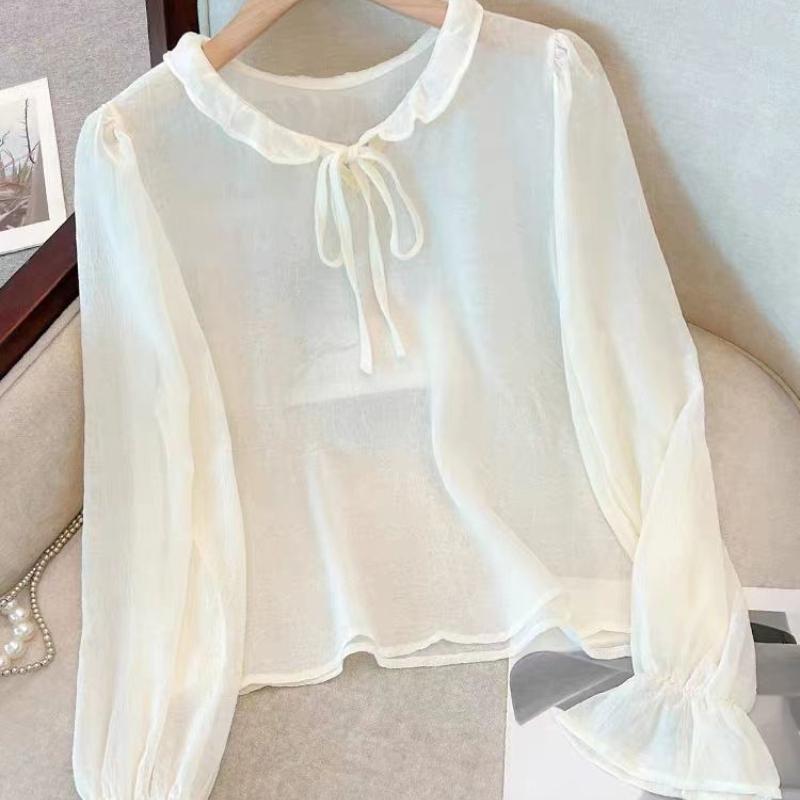 Ruffled Chiffon Tie-Front Blouse Women's Spring Autumn French Soft Style Loose Layering Inner Wear Sun-Protective Outer Wear Trendy