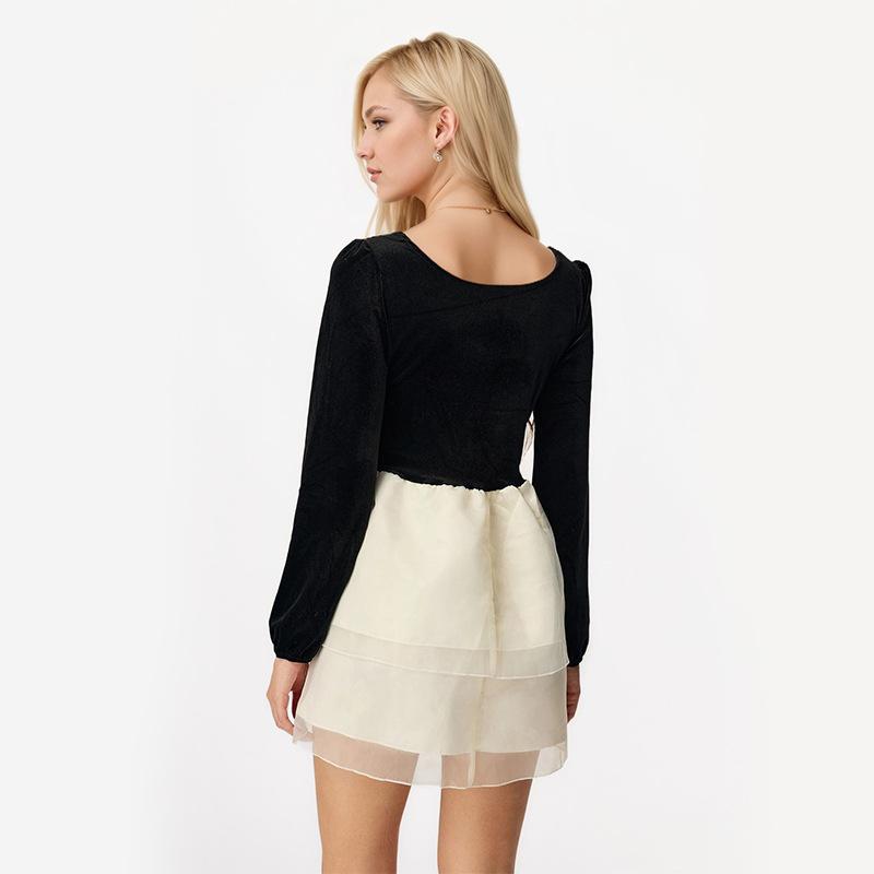 Spring Solid Color Patchwork Long Sleeve Mesh Bow Embellished Dress