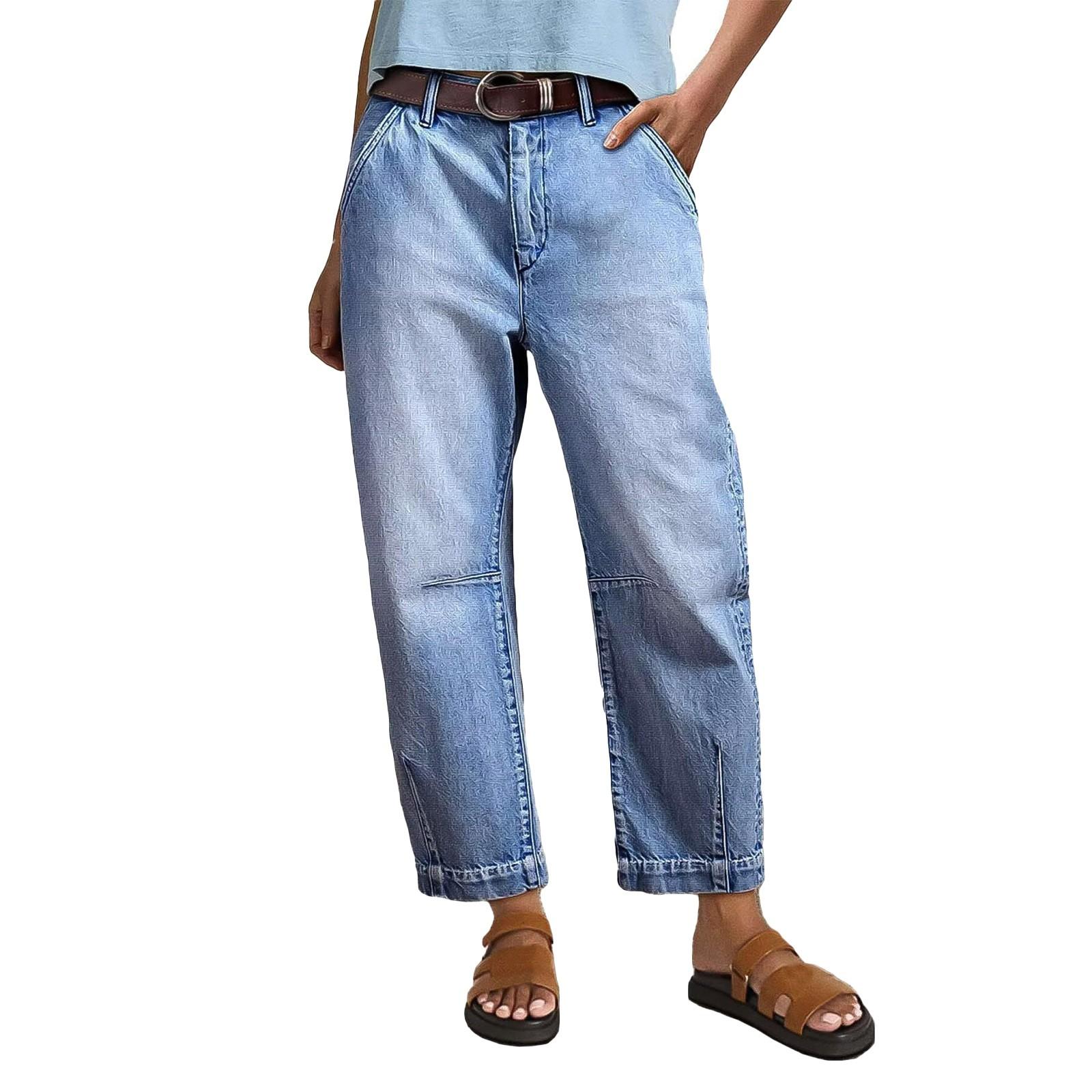 

Укороченные джинсы прямого кроя для женщин, повседневные джинсы из денима средней стирки с деталями, без ремня XL