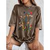 Flowers Floral Plants Printed Washed T-Shirts Womens Cotton Short Sleeve Tops Retro O-Neck Oversized T Shirts Summer Clothes