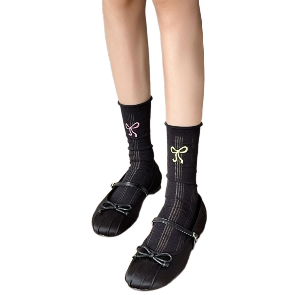 Sophisticated Ladies' Ankle Socks with Embroidery Colorful Bows Stretchable Cotton Fabric Middle Tube Calf Socks Hosiery
