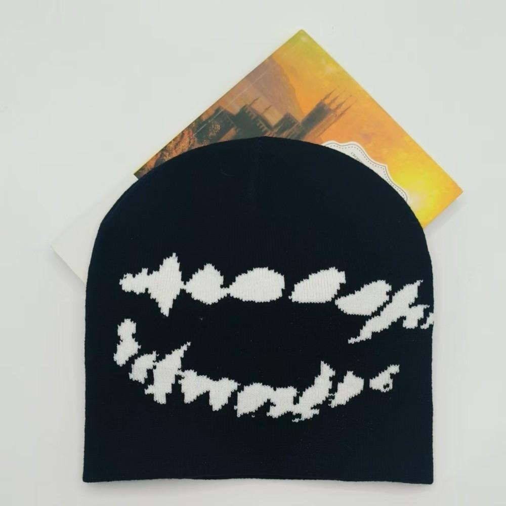 Halloween Y2K Knitted Hat Streetwear Black White Pullover Cap Jacquard Woolen Hat  Outdoor