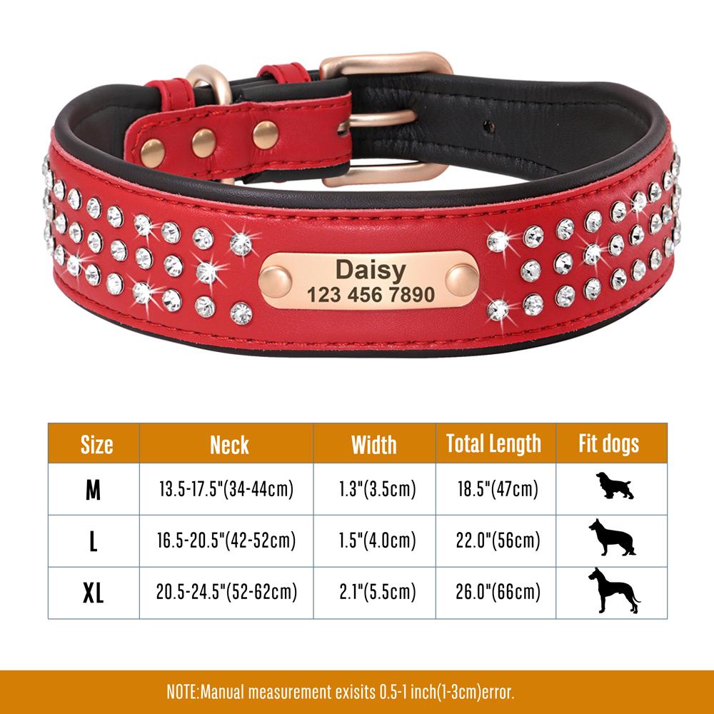 Personalized Dog Collar Bling Rhinestone Leather Pet Collars For Small Medium Large Dogs Engraved Pet ID Nameplate Necklace