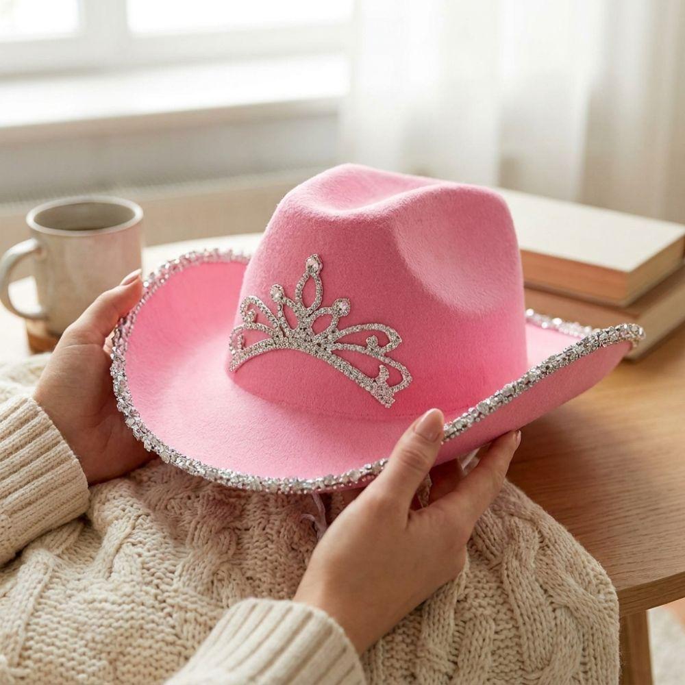 Wide Curved Brim Rhinestone Tiara Cowgirl Hat Sparkly Western Cowboy Cap Birthday Party