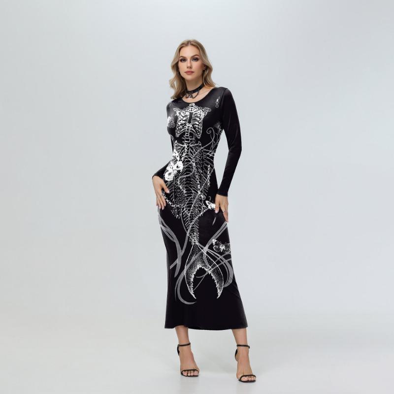 

Spring and Autumn Halloween Skirt Long Sleeve Dress Digital Printing Skeleton Sexy Long Dress S