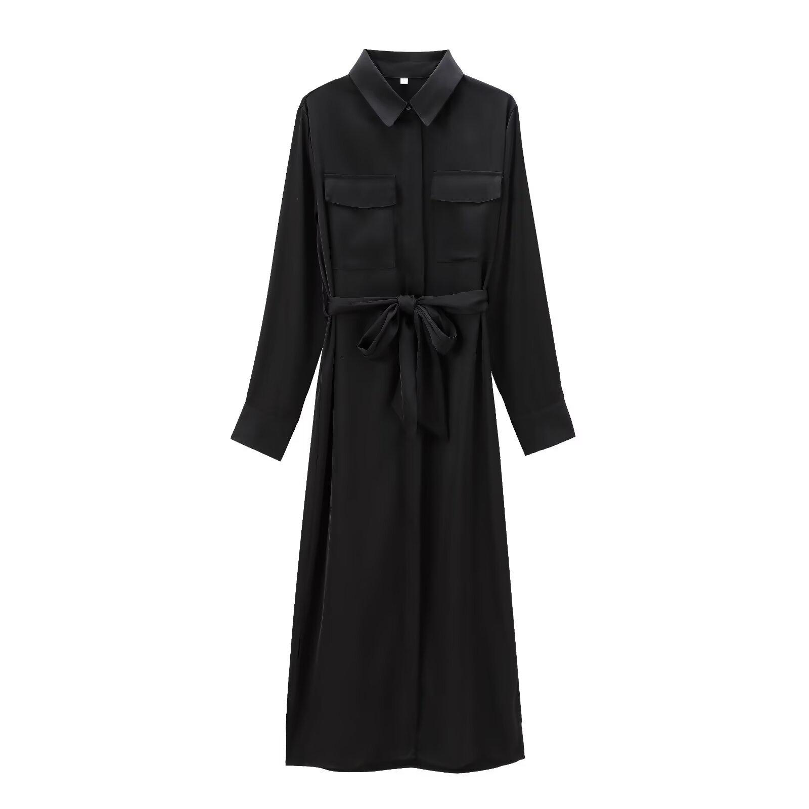 

2025 Women s European & American Temperament Long Sleeve Shirt Dress with Pocket Detail Large чёрный