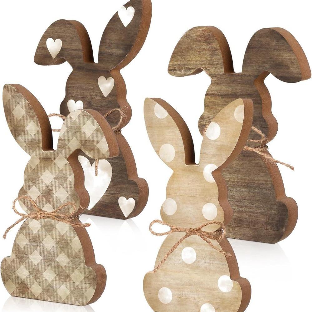 

4/5 Piece With Bowknot Easter Wooden Rabbit Ornament Printed DIY Easter Desk Bunny Decoration Thickened Cute