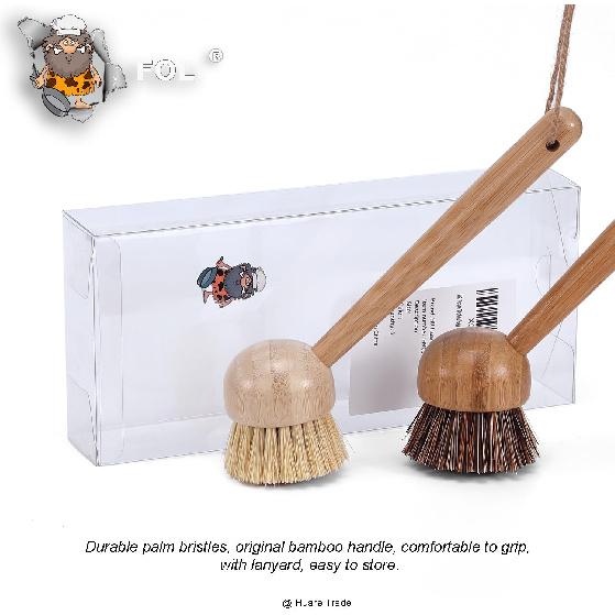 FOLI Bamboo Handle Dish Scrub Brushes - Wooden Cleaning Scrubbers with Stiff Bristles for Washing Kitchen Cast Iron Pan Pot (2PCS with Sisal & Palm