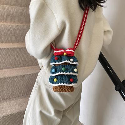 Cute Christmas Children'S Crossbody Bag Hand Crocheted Wool Bag Finished Christmas Tree Colorful Ball Knitting Mobile Phone Bag Female
