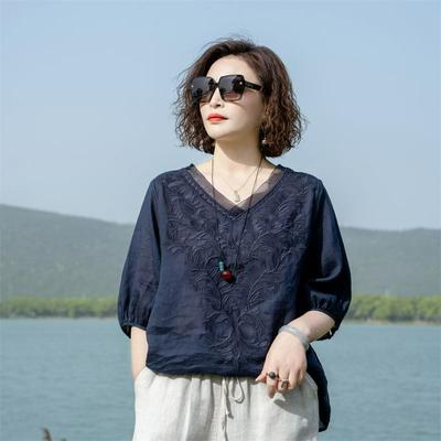 Katoen en Linnen Geborduurde Blouse Dames Zomer Dunne Sectie Moeder Westerse Stijl Blouse All-match Shirt Klein Shirt