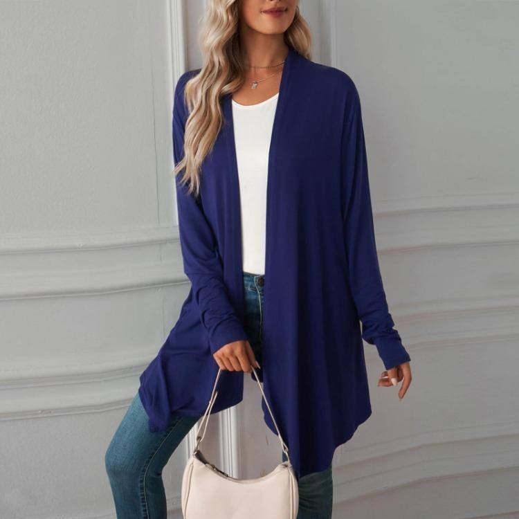 Einfarbige leichte Strickjacke mit langen Ärmeln für Damen
