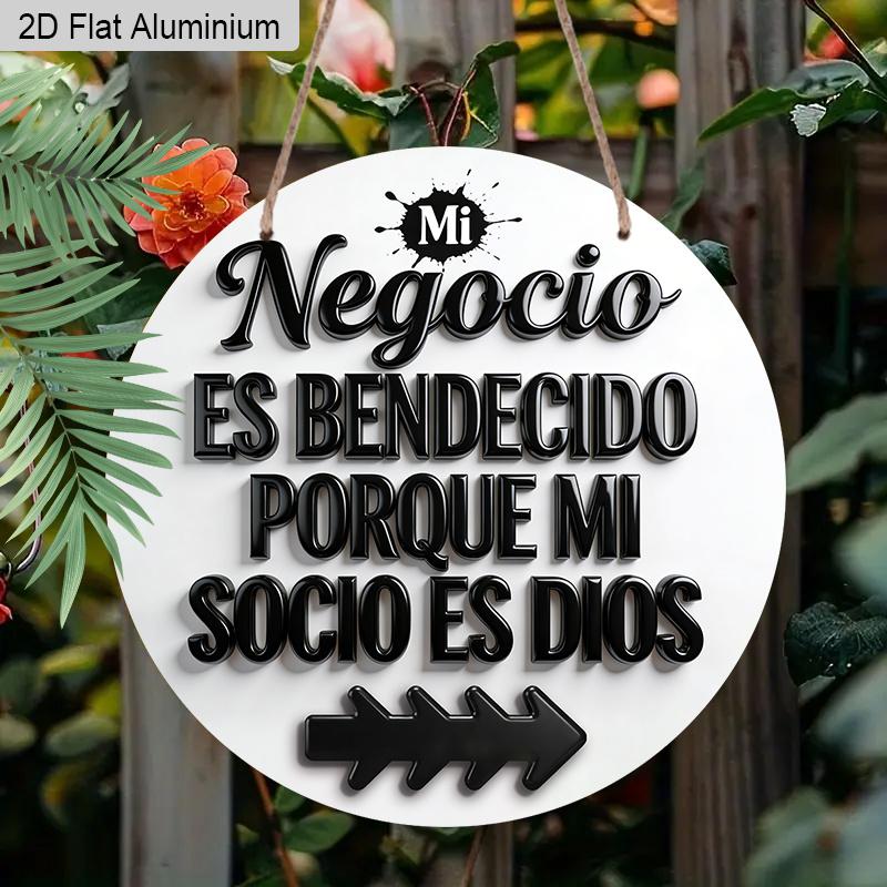 2D Flach 1 Stück Vintage Geschäftsschild Hängende Aluminium Dekoration Plakette, Schild mit Schriftzug "Negocio Es Bendecido Porque Mi Socio Es Dios", Büro Dekoration