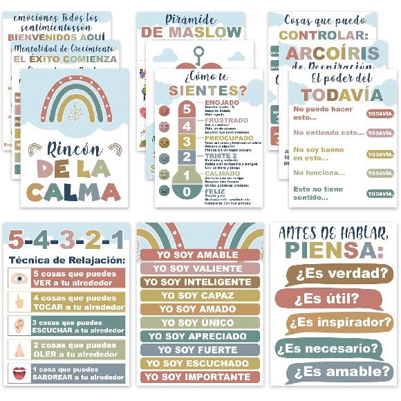 EggSun 12Pcs Spanish Posters for Classroom Calming Corner,Mental Health Spanish Poster Elementary,Calm Down Corner Spanish Educational Posters синий