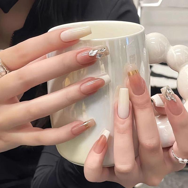 

Ручная работа Носимые Накладные Ногти Нежное Распускающееся Наращивание Ин Элегантный Фототерапия Французские Наклейки для Ногтей Флэш Бриллиант Белый Маникюр Summer Coconut Island new ladder XS