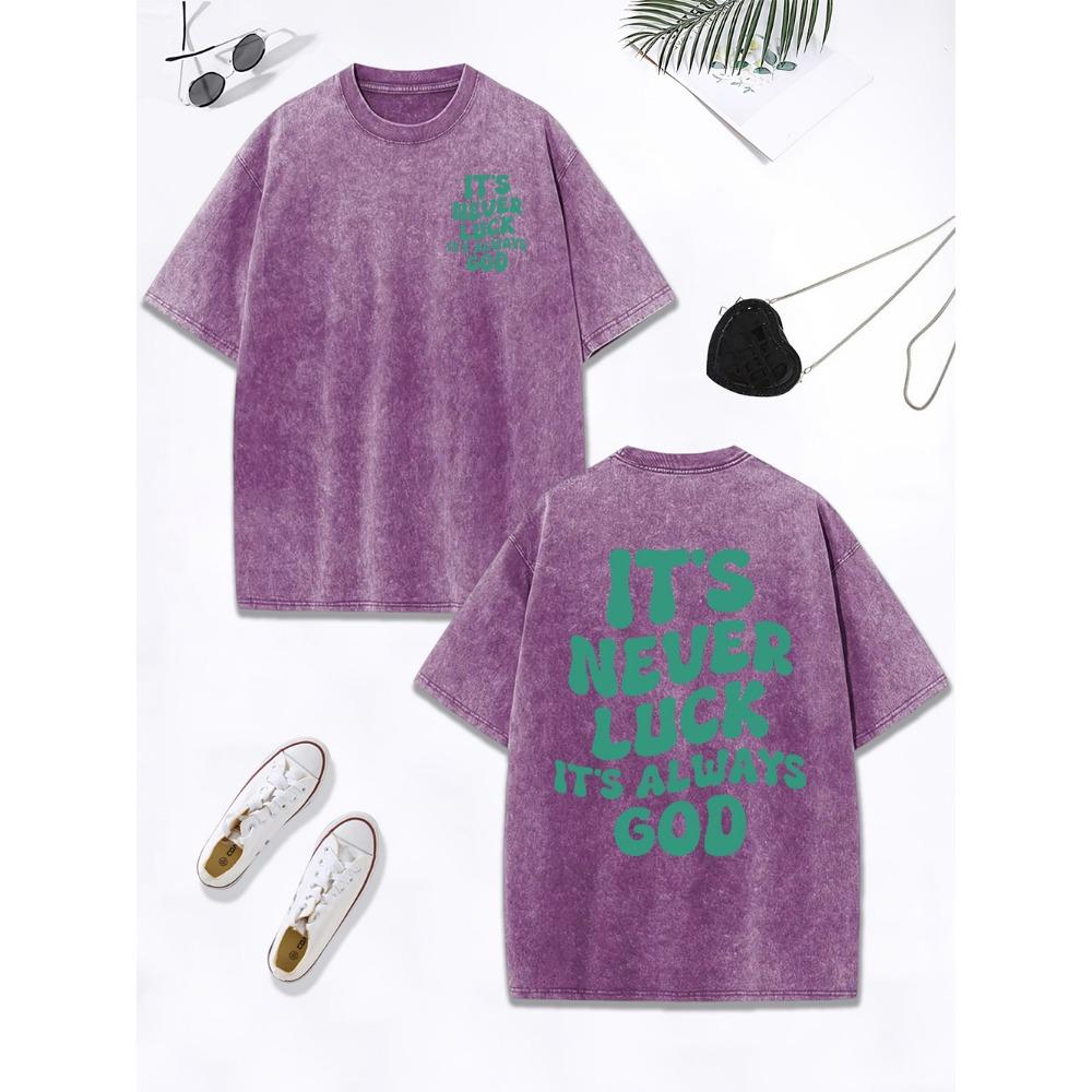 It'S Never Luck It'S Always God Printing Washed T-Shirt Womens Cotton Oversized Tops Distressed O-Neck T Shirt Clothes