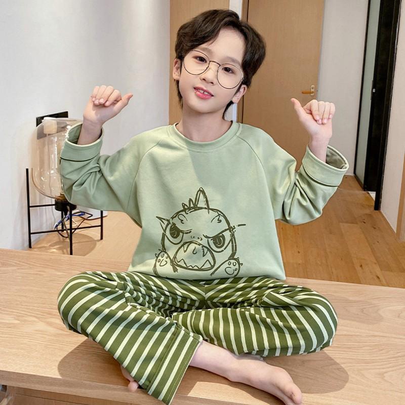 100% Combed Cotton Boys Pajama Set Long Sleeve Cartoon Print Sleepwear Teens 8 Years Lightweight Home Wear