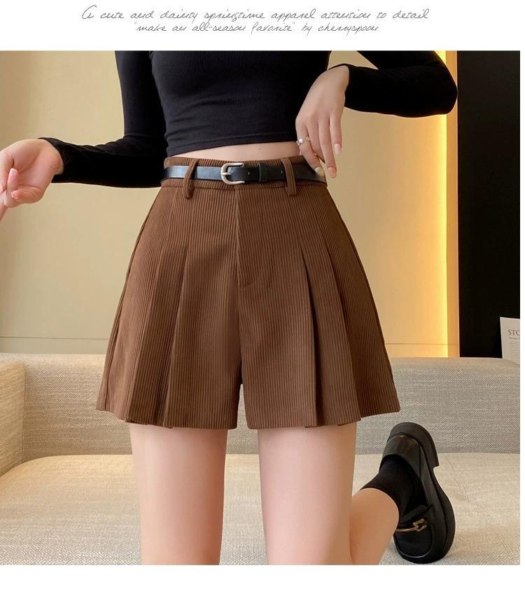 Casual All-match Versatile Corduroy Pleated Skirt Trousers for Women Autumn Winter High-Waisted Slimming Shorts Simple Versatile A-Line Trousers