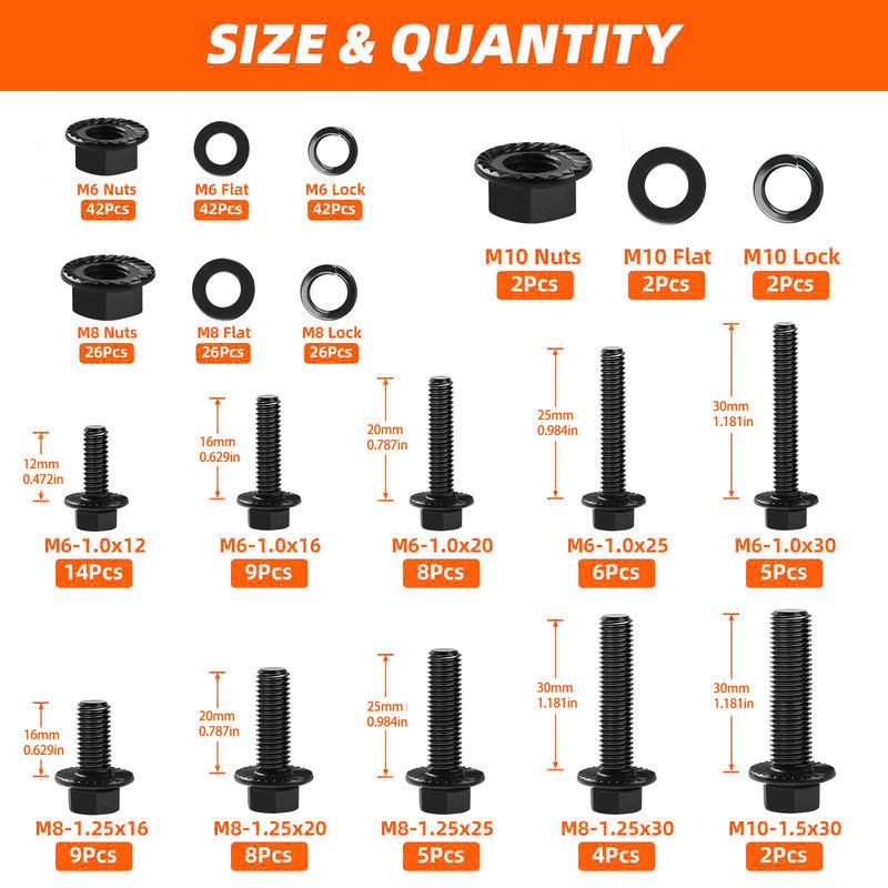 280PCS 10.9 Grade Black Flange Bolt Kit, M6x1.0 M8x1.25 M10x1.5 Hex Bolts Nuts Washers Set for Automotive (12-30mm)