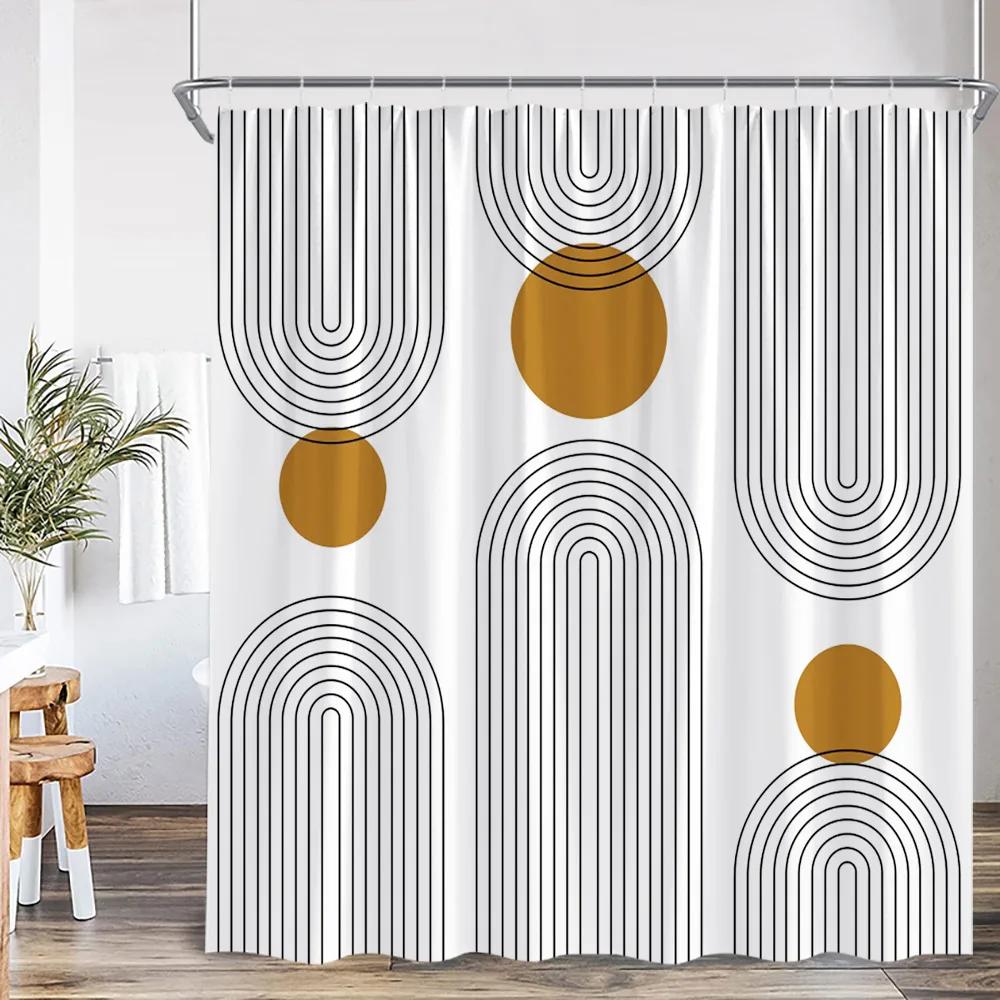 Mid Century Abstract Shower Curtain Leaf Curve Simple Line Nordic Modern Bathroom Decor Polyester Fabric Bath Curtain With Hoo