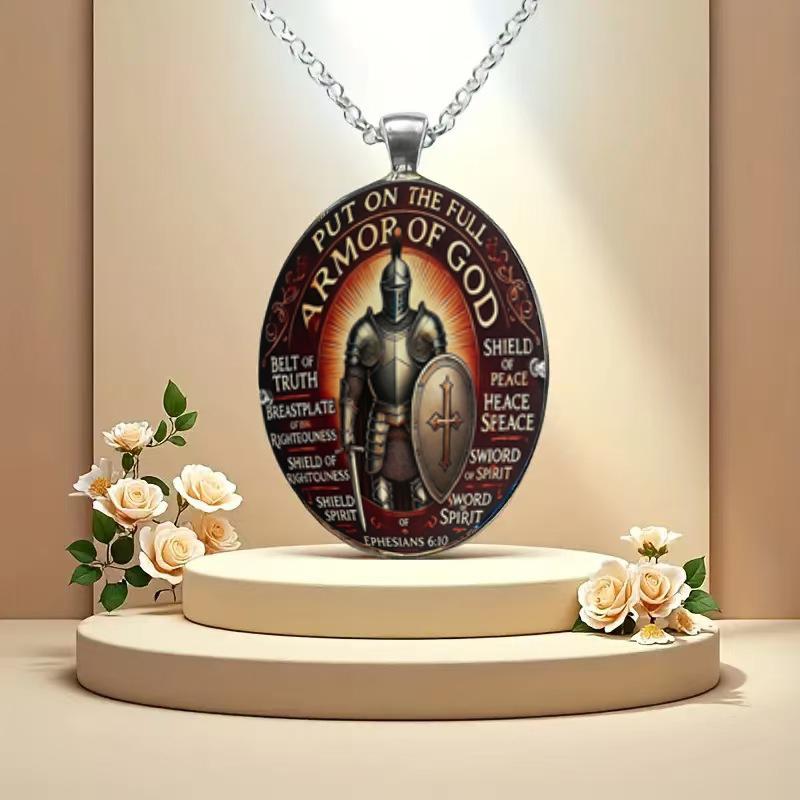 A vintage Christian Ephesians 6:10 pendant necklace featuring God fully armed, made of time-worn gemstone glass, suitable for both men and women.