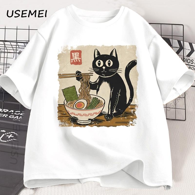 Funny Black Cat Ramen T-shirt Men Women Japanese Graphic Tees Kawaii Cat Anime Print T Shirt Casual Short Sleeve Mens Clothes