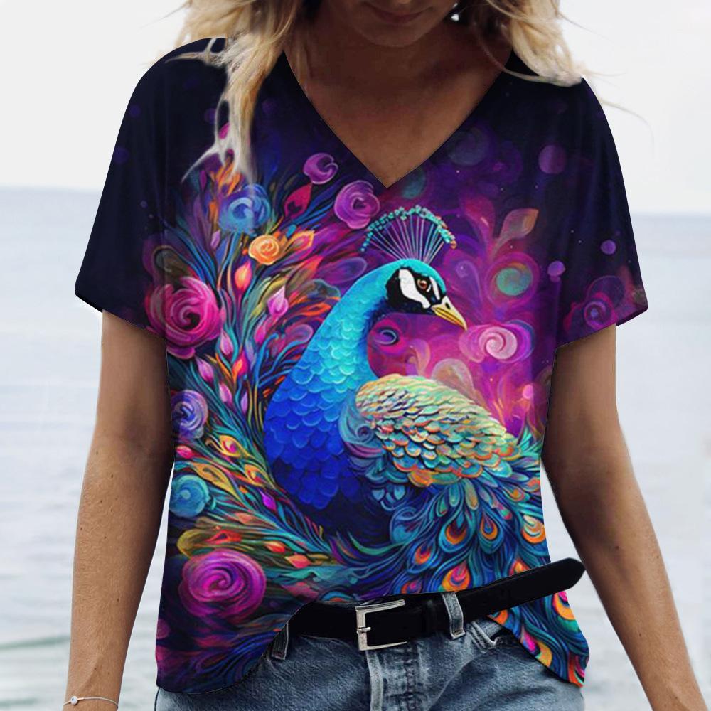 New Peacock Animal T-Shirts Cat Dog 3D Print Women V-Neck Short Sleeve T Shirt Y2K Tees Oversized Harajuku Top Female Clothing