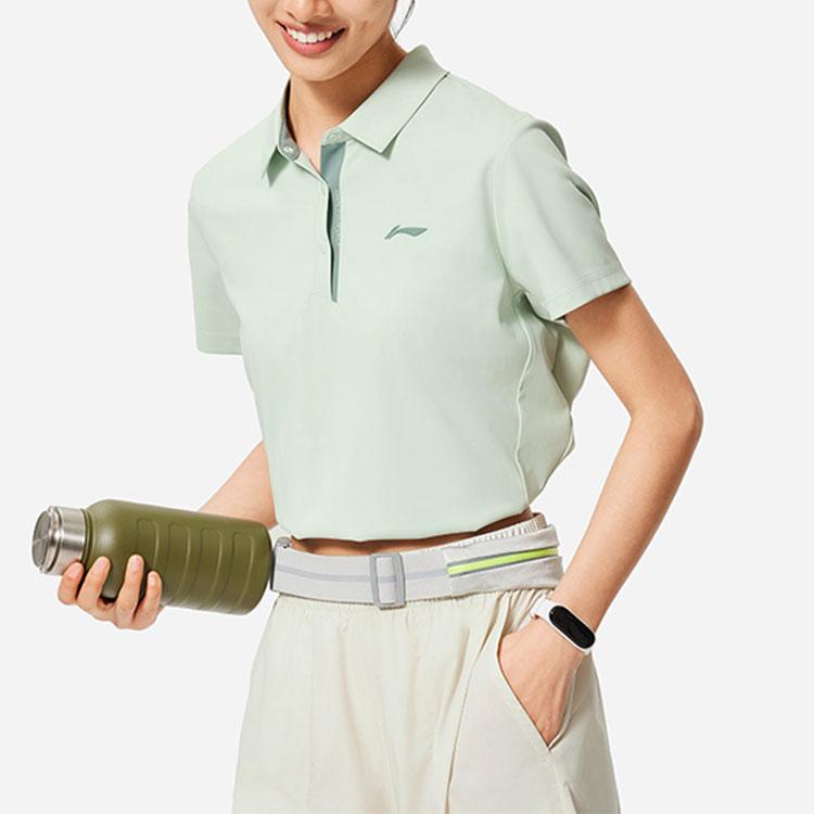 Li-Ning Fitness Series Solid Color Moisture Wicking Quick Dry Loose Fit Short Sleeve Polo Shirt Women Tops Ice-Green APLU126-2