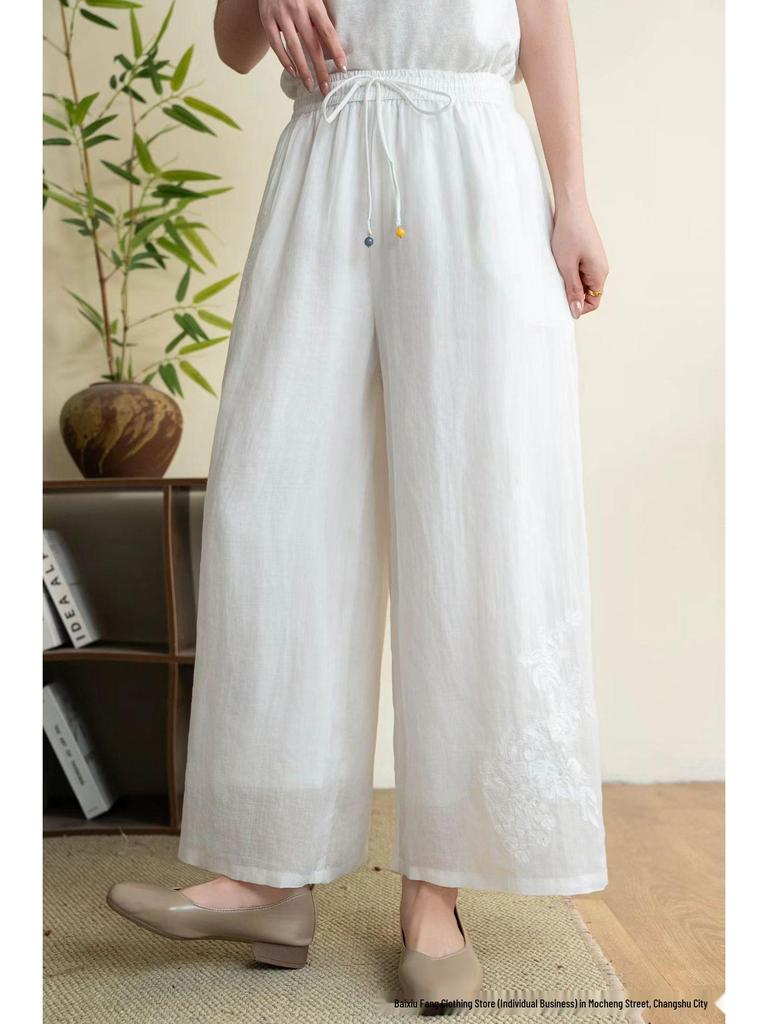 2026 Sommer Damen bestickte Leinen-Hose mit weitem Bein und Kordelzug