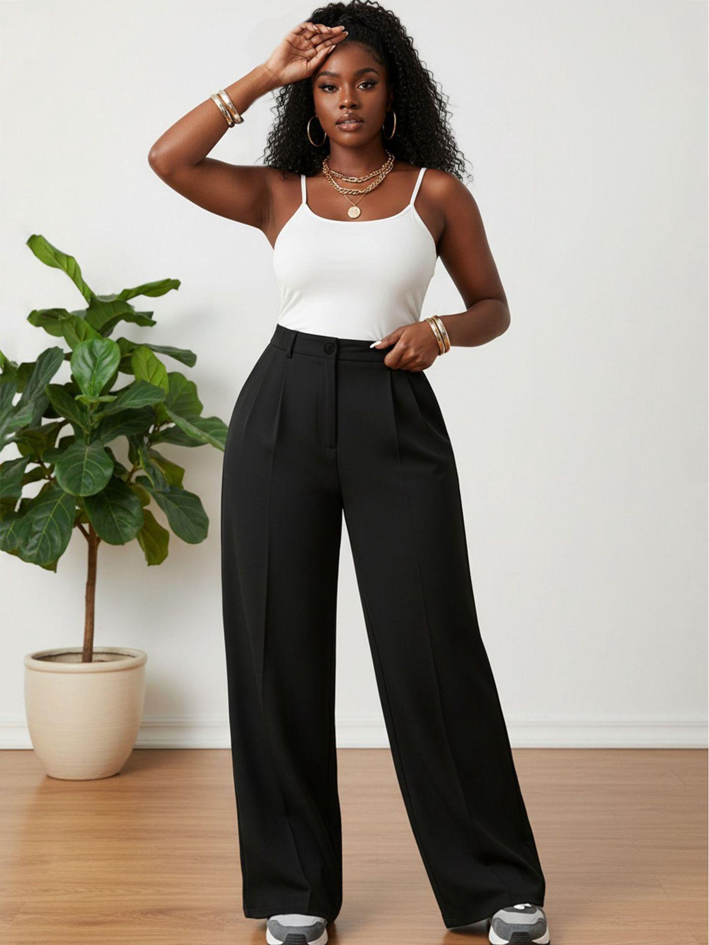

European Casual Petite Straight-Leg Pants for Autumn/Winter - Loose, High-End Feel, Wide-Leg Style Large [115-130] чёрный