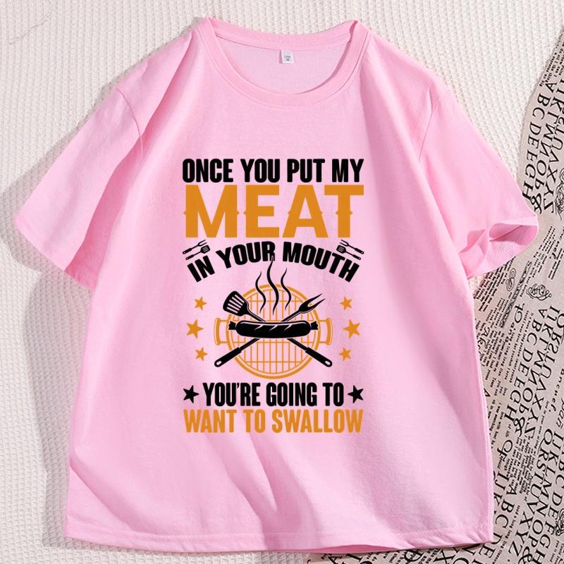 Funny Meat in Your Mouth T Shirt Causal Cotton Short Sleeve Fathers Day Tees Loose Printed Round Neck Mens Clothing Tops